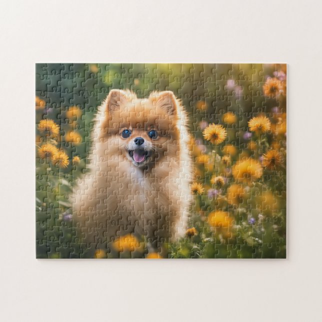 Pomeranian Puppy in Flower Field Jigsaw Puzzle (Horizontal)
