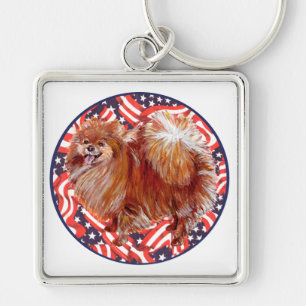 Pomeranian Red White & Blue Keychain