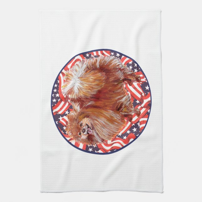 Pomeranian Red White & Blue Kitchen Towel (Vertical)
