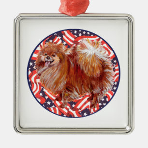 Pomeranian Red White & Blue Metal Ornament