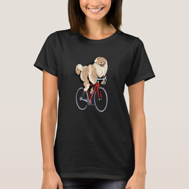 Pomeranian Riding Bicycle Cute Biker Cyclist Premi T-Shirt (Front)