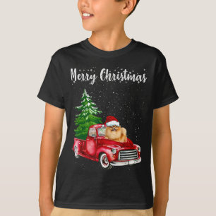 Pomeranian Riding Red Truck Merry Christmas Dog Lo T-Shirt