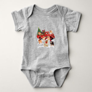 Pomeranian Riding Red Truck Xmas Merry Christmas Baby Bodysuit