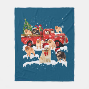 Pomeranian Riding Red Truck Xmas Merry Christmas Fleece Blanket