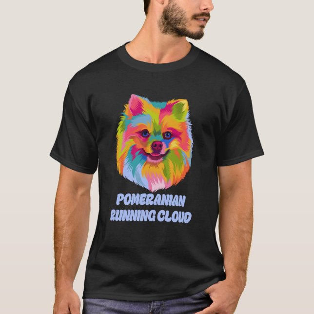 Pomeranian Running Cloud Dog Humour Pets Pom Pom T-Shirt (Front)