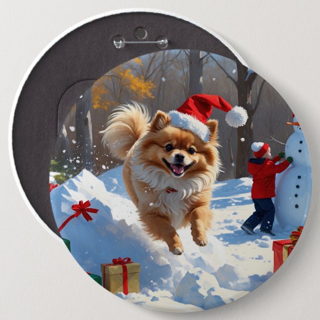 Pomeranian Running in Snow with Christmas Hat 6 Inch Round Button (Front & Back)