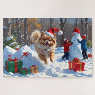Pomeranian Running in Snow with Christmas Hat Jigsaw Puzzle