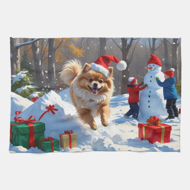 Pomeranian Running in Snow with Christmas Hat Kitchen Towel (Horizontal)