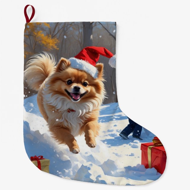 Pomeranian Running in Snow with Christmas Hat Large Christmas Stocking (Front)