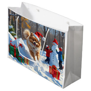 Pomeranian Running in Snow with Christmas Hat Large Gift Bag