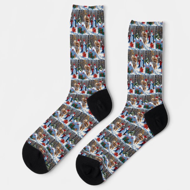 Pomeranian Running in Snow with Christmas Hat Socks (Left)
