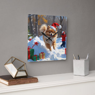 Pomeranian Running in Snow with Christmas Hat Square Wall Clock