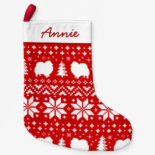 Pomeranian Silhouettes Pattern Red and White Small Christmas Stocking