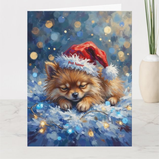 Pomeranian Sleeping on Fairy Lights Christmas Hat Card (Front)