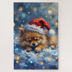 Pomeranian Sleeping on Fairy Lights Christmas Hat Jigsaw Puzzle