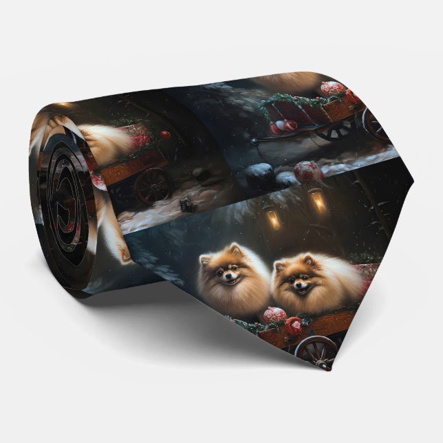 Pomeranian Snowy Sleigh Christmas Decor Tie (Rolled)