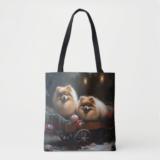 Pomeranian Snowy Sleigh Christmas Decor Tote Bag (Front)