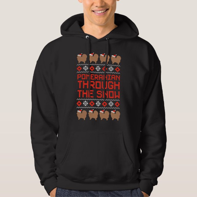 Pomeranian Through The Snow Red Funny Computer Hoodie (Front)