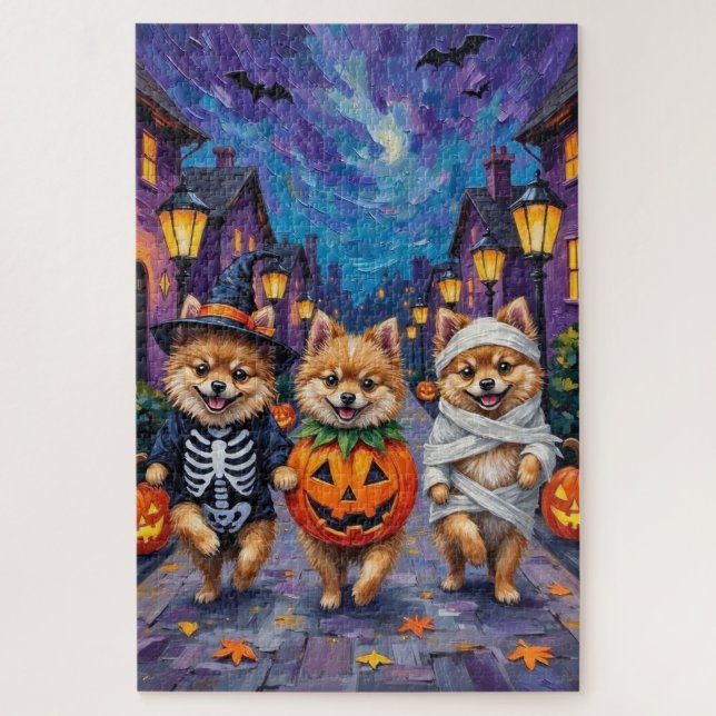 Pomeranian Trick-or-Treating in Halloween Costumes Jigsaw Puzzle (Vertical)