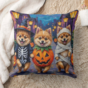 Pomeranian Trick-or-Treating in Halloween Costumes Throw Pillow