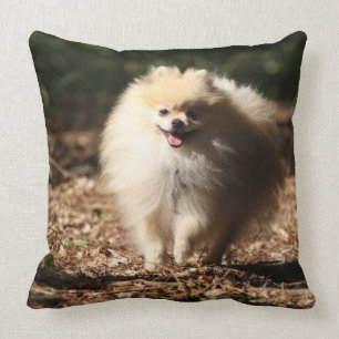 Pomeranian Trotting in the Fallen Leaves Throw Pillow