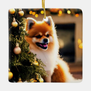 Pomeranian Under Christmas Tree Ceramic Ornament