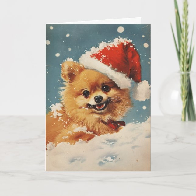 Pomeranian vintage personalized Christmas Holiday Card (Front)