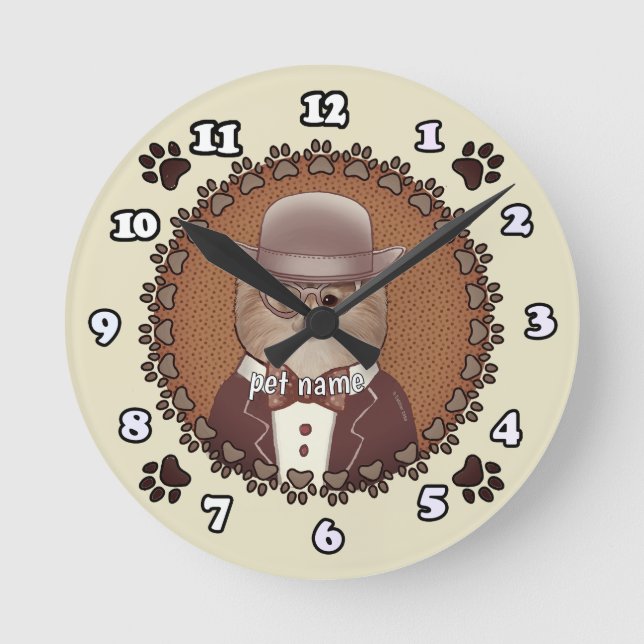 Pomeranian wearing glasses  round clock (Front)