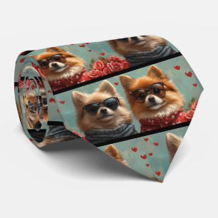 Pomeranian With Heart Roses Valentine's Day  Tie