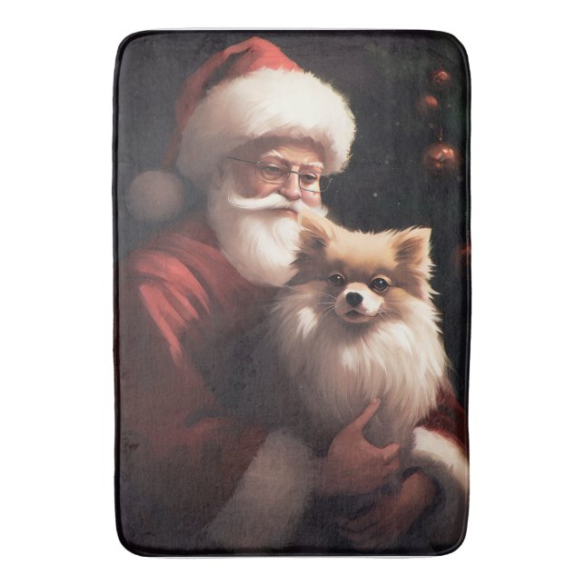 Pomeranian With Santa Claus Festive Christmas  Bath Mat (Front Vertical)