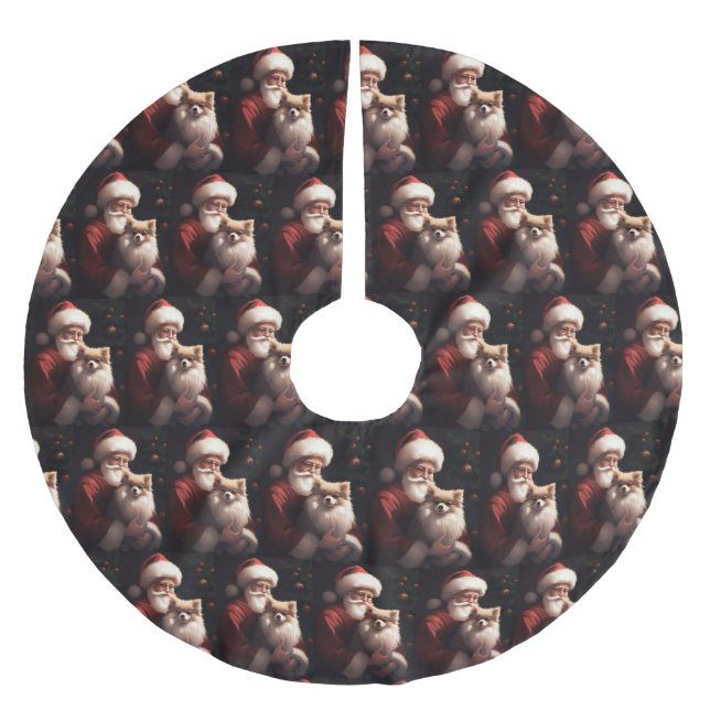 Pomeranian With Santa Claus Festive Christmas  Brushed Polyester Tree Skirt (Front)
