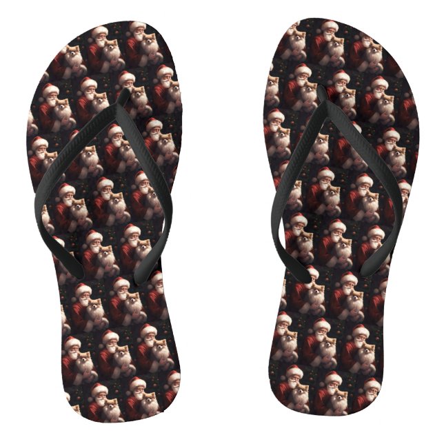 Pomeranian With Santa Claus Festive Christmas  Flip Flops (Footbed)