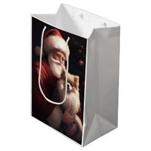 Pomeranian With Santa Claus Festive Christmas Medium Gift Bag