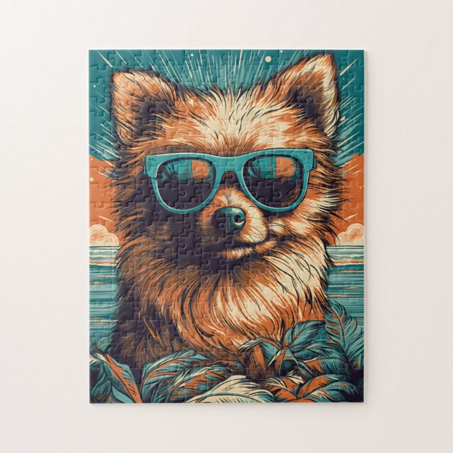 Pomeranian with Sunglasses at the beach Jigsaw Puzzle (Vertical)