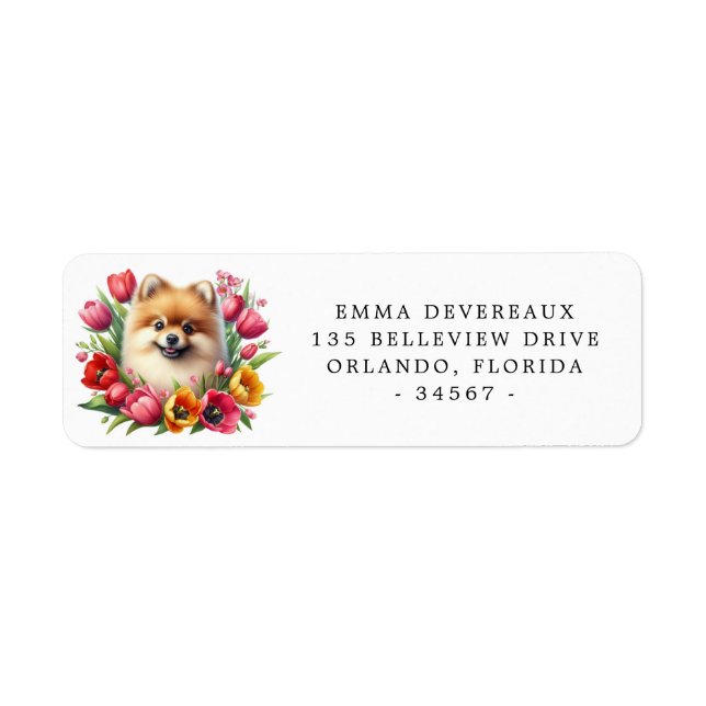 Pomeranian with Tulips Return Address Label (Front)