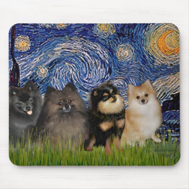 Pomeranians (four) - Starry Night Mouse Pad (Front)