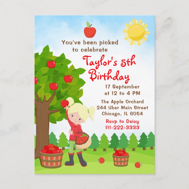 Pomme cueillir Anniversaire Blonde Hair Girl Carte (Devant)