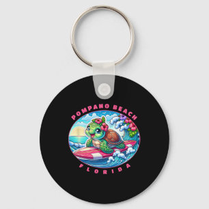 Pompano Beach Florida Cute Surfing Girl Sea Turtle Keychain