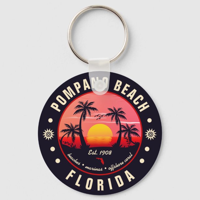 Pompano Beach Florida Retro Sunset Souvenir Keychain (Front)