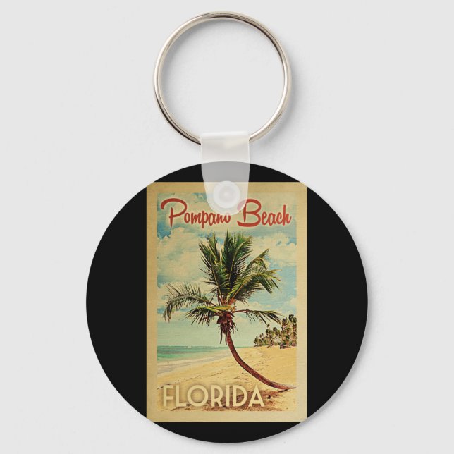 Pompano Beach Palm Tree Vintage Travel Keychain (Front)