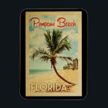 Pompano Beach Palm Tree Vintage Travel Magnet<br><div class="desc">A uniquely retro mid-century modern Pompano Beach Florida art print in vintage travel poster style. It features a curved palm tree on sandy beach with ocean under a blue cloudy sky.</div>