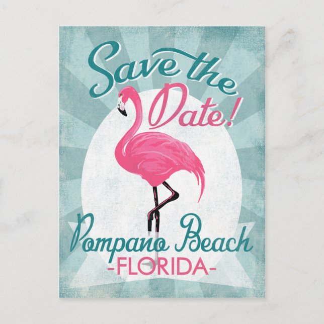 Pompano Beach Save The Date Pink Flamingo Announcement Postcard (Front)