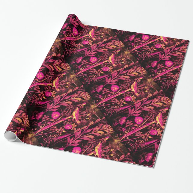 POMPEII COLLECTION NIGHTINGALE WITH ROSES Pink Wrapping Paper (Unrolled)