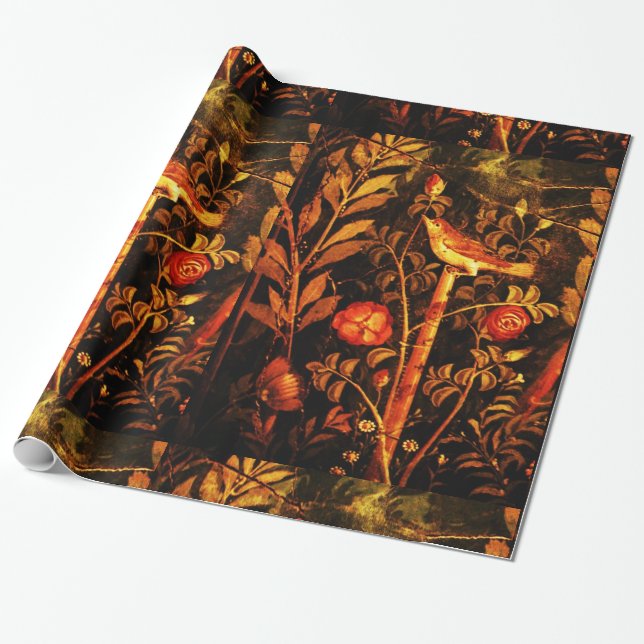 POMPEII COLLECTION NIGHTINGALE WITH ROSES , Red Wrapping Paper (Unrolled)