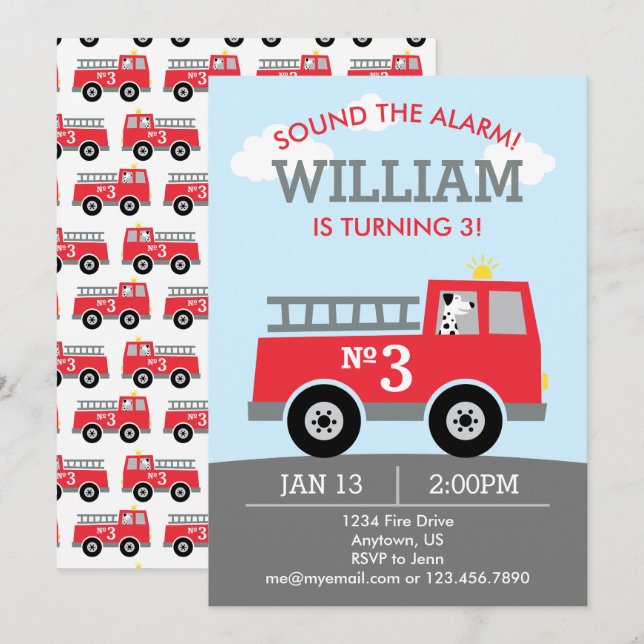 Pompier Invitation Anniversaire Fireman Party (Devant / Derrière)