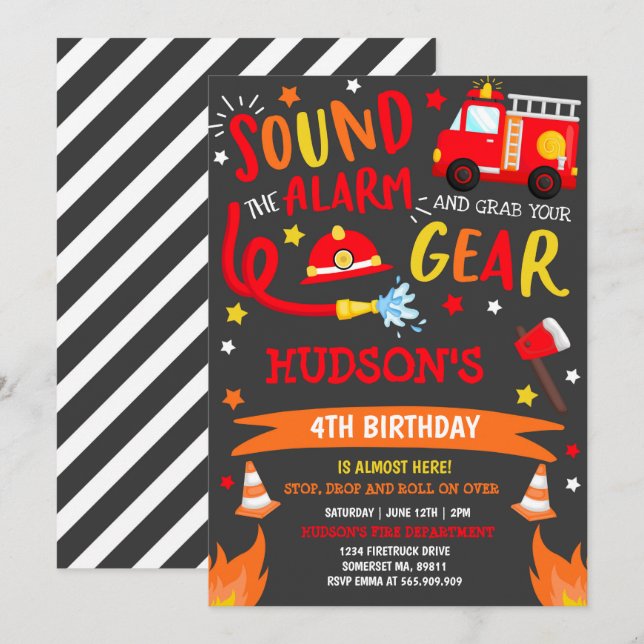 Pompier Invitation Anniversaire Fireman Party (Devant / Derrière)