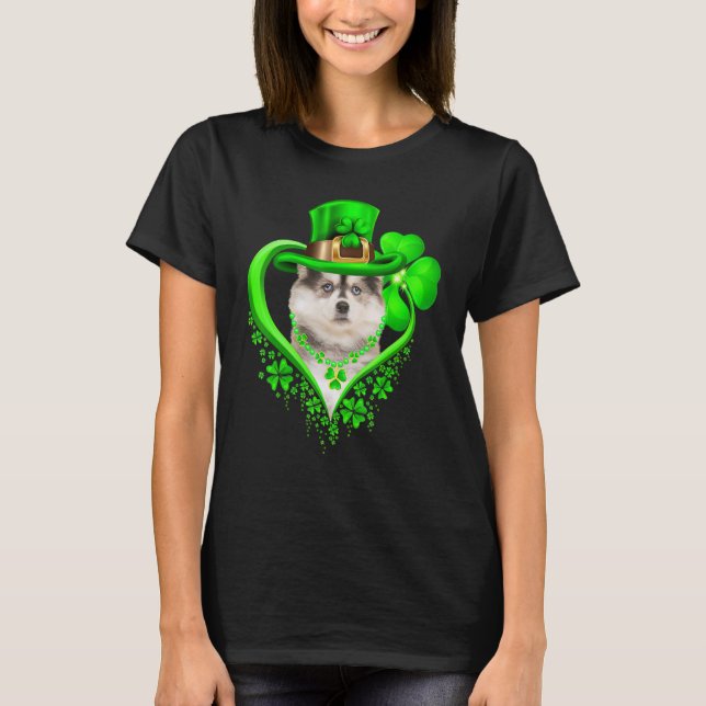 Pomsky Dog St Patricks Day Lover Irish Shamrock T-Shirt (Front)