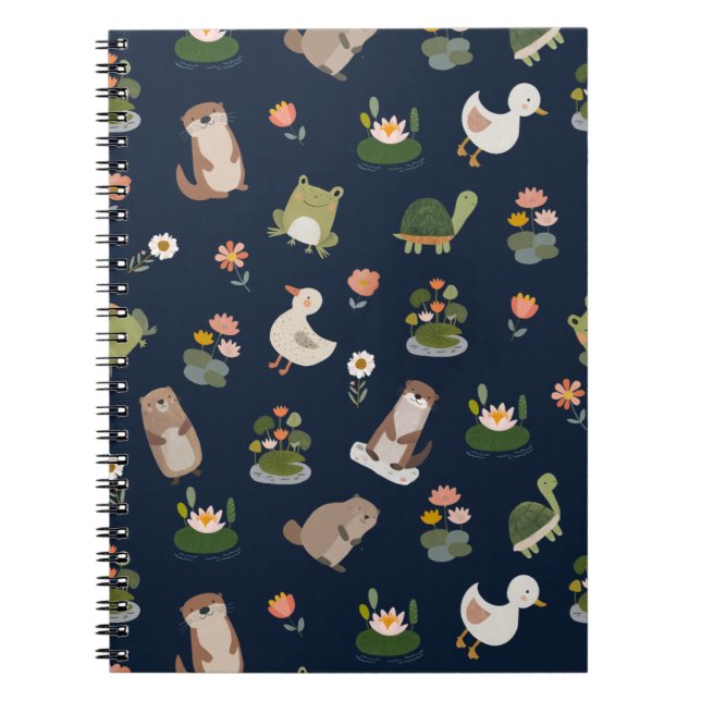 Pond Animals & Lily Pads on Darkest Blue Notebook (Front)