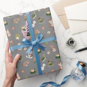 Pond Animals & Lily Pads on Gray Wrapping Paper