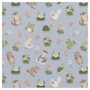 Pond Animals & Lily Pads on Light Blue Fabric
